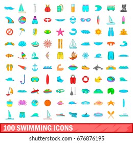 100 swimming icons set in cartoon style for any design illustration