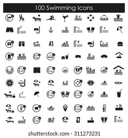 100 Swimming, Pool And Diving Icon Set. Pool Signs For Recreation Areas. Vector Illustration