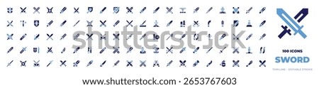 100 Sword Icons Collection. Bold style. Duotone colors. sword, swords, shield, weapons, knife, dagger, weapon, medieval, fencing, katana, history.