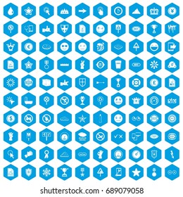 100 symbol icons set in blue hexagon isolated vector illustration