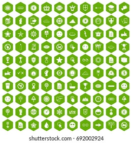 100 symbol icons set in green hexagon isolated vector illustration