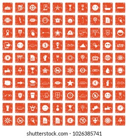 100 symbol icons set in grunge style orange color isolated on white background vector illustration