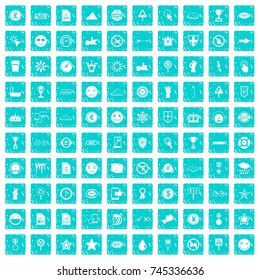 100 symbol icons set in grunge style blue color isolated on white background vector illustration