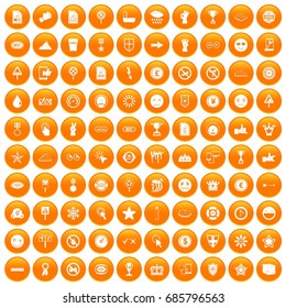 100 symbol icons set in orange circle isolated on white vector illustration