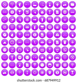 100 symbol icons set in purple circle isolated on white vector illustration