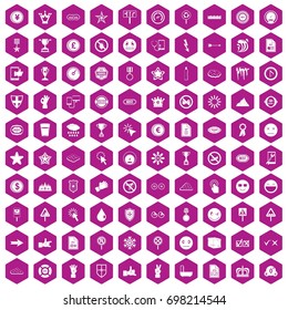 100 symbol icons set in violet hexagon isolated vector illustration