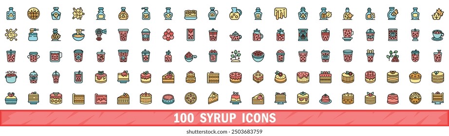 100 syrup icons set. Color line set of syrup vector icons thin line color flat on white