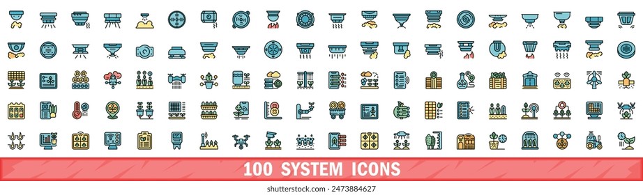 100 iconos del sistema establecidos. Conjunto de línea de color de iconos vectoriales del sistema línea delgada color plana en blanco