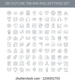 100 Tab bar and_settings universal icons set with Warning linear, Phone call Sun Pin Star Microphone Shuffle Refresh Trophy Add linear