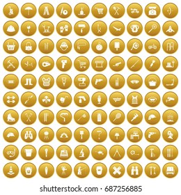 100 tackle icons set in gold circle isolated on white vectr illustration