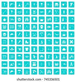 100 tackle icons set in grunge style blue color isolated on white background vector illustration