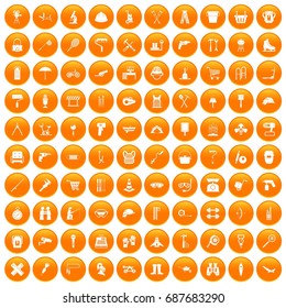 100 tackle icons set in orange circle isolated vector illustration