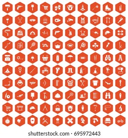 100 tackle icons set in orange hexagon isolated vector illustration
