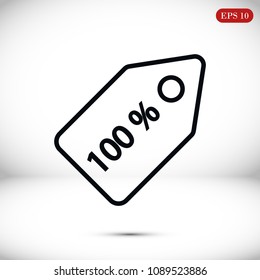 100% tag icon, stock vector illustration flat design style