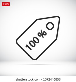 100% tag icon, stock vector illustration flat design style