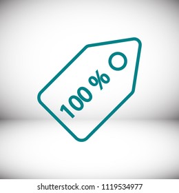 100% tag icon, stock vector illustration flat design style