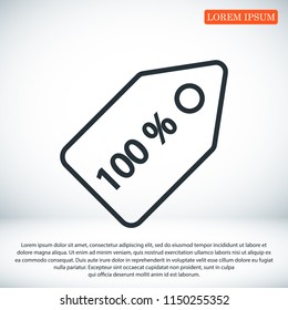 100% tag icon, stock vector illustration flat design style