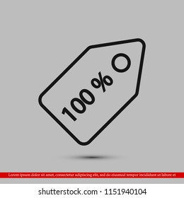 100% tag icon, stock vector illustration flat design style