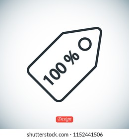 100% tag icon, stock vector illustration flat design style