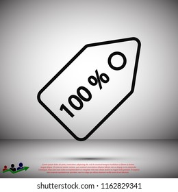 100% tag icon, stock vector illustration flat design style