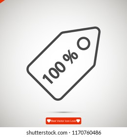 100% tag icon, stock vector illustration flat design style