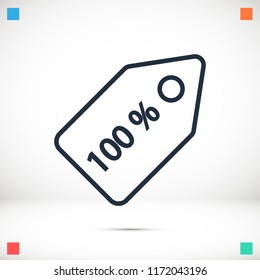 100% tag icon, stock vector illustration flat design style