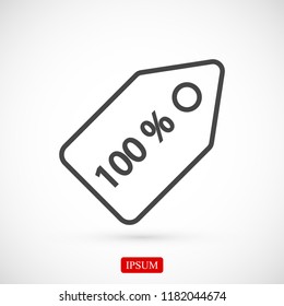 100% tag icon, stock vector illustration flat design style