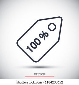 100% tag icon, stock vector illustration flat design style