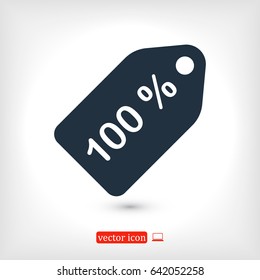 100% tag icon, stock vector illustration flat design style
