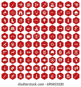 100 target icons set in red hexagon isolated vector illustration