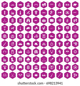 100 target icons set in violet hexagon isolated vector illustration