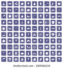 100 tasty food icons set in grunge style sapphire color isolated on white background vector illustration