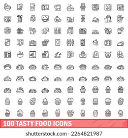 100 tasty food icons set. Outline illustration of 100 tasty food icons vector set isolated on white background