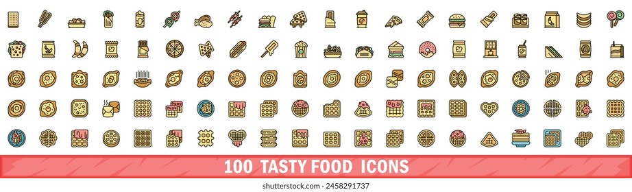 100 sabrosos iconos de comida. Conjunto de línea de color de iconos de vector de alimentos sabrosos línea fina de color plana en blanco