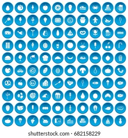 100 tasty food icons set in blue circle isolated on white vector illustration