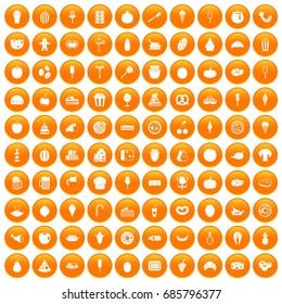 100 tasty food icons set in orange circle isolated on white vector illustration