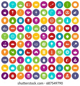 100 tasty food icons set in different colors circle isolated vector illustration