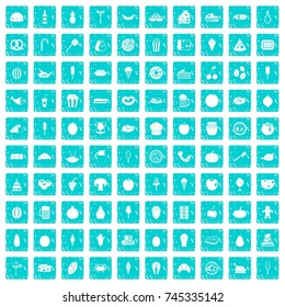 100 tasty food icons set in grunge style blue color isolated on white background vector illustration