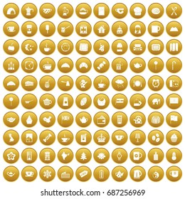 100 tea cup icons set in gold circle isolated on white vectr illustration