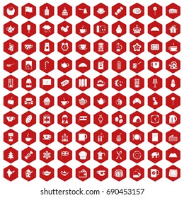 100 tea cup icons set in red hexagon isolated vector illustration