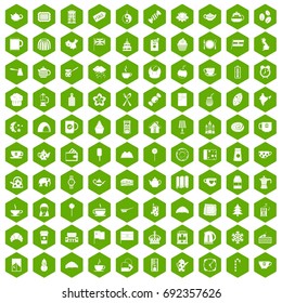 100 tea cup icons set in green hexagon isolated vector illustration