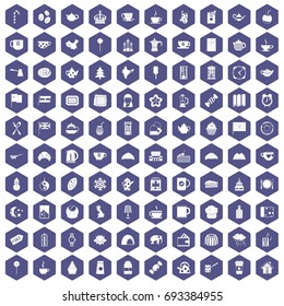 100 tea cup icons set in purple hexagon isolated vector illustration