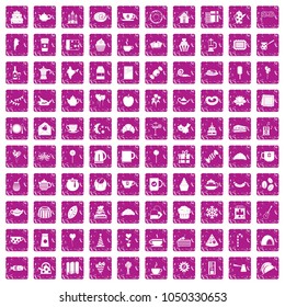 100 tea party icons set in grunge style pink color isolated on white background vector illustration