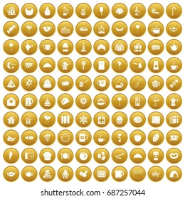 100 tea party icons set in gold circle isolated on white vectr illustration