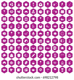 100 tea party icons set in violet hexagon isolated vector illustration
