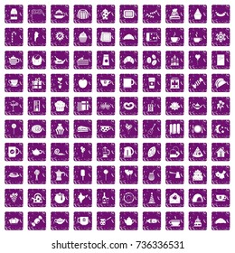 100 tea party icons set in grunge style purple color isolated on white background vector illustration