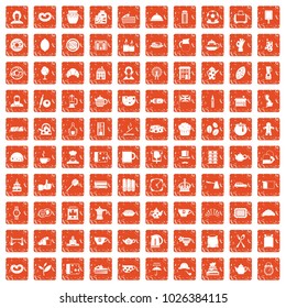 100 tea time food icons set in grunge style orange color isolated on white background vector illustration