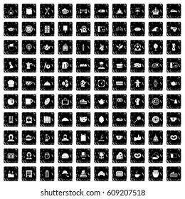 100 tea time food icons set in grunge style isolated vector illustration
