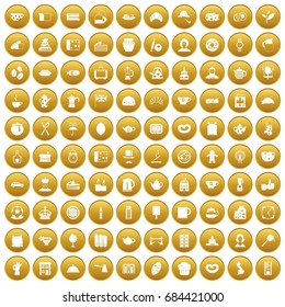 100 tea time food icons set gold