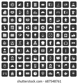 100 tea time food icons set in black color isolated vector illustration
